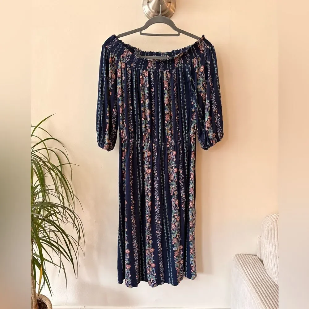 old navy off the shoulder dress Occasion by Off-Shoulder Maxi straight ruffled neckline short elasticized ruffle sleeves smocked waist shirred skirt hidden pockets fitted at top hits at ankle models are approx Off-The-Shoulder Boho Maxi Dress